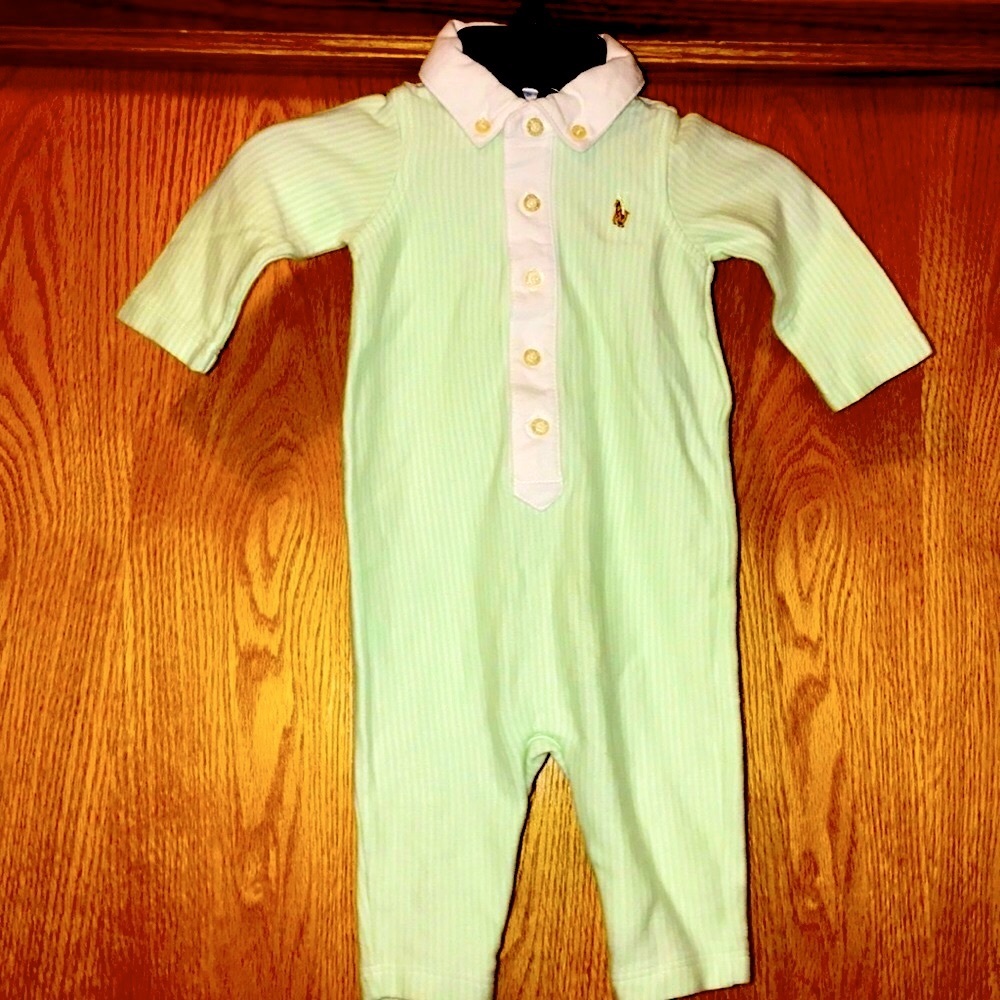 Ralph Lauren vintage 3 mos infant pinstriped button romper green white logo